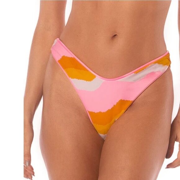 Maaji Reversible Bikini Bottoms Pink Orange Wave Print Swimwear Size Medium NWT - Picture 1 of 10